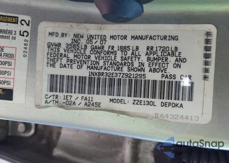 2007 Toyota Corolla Ce from USA, damaged, VIN 1NXBR32E37Z921295